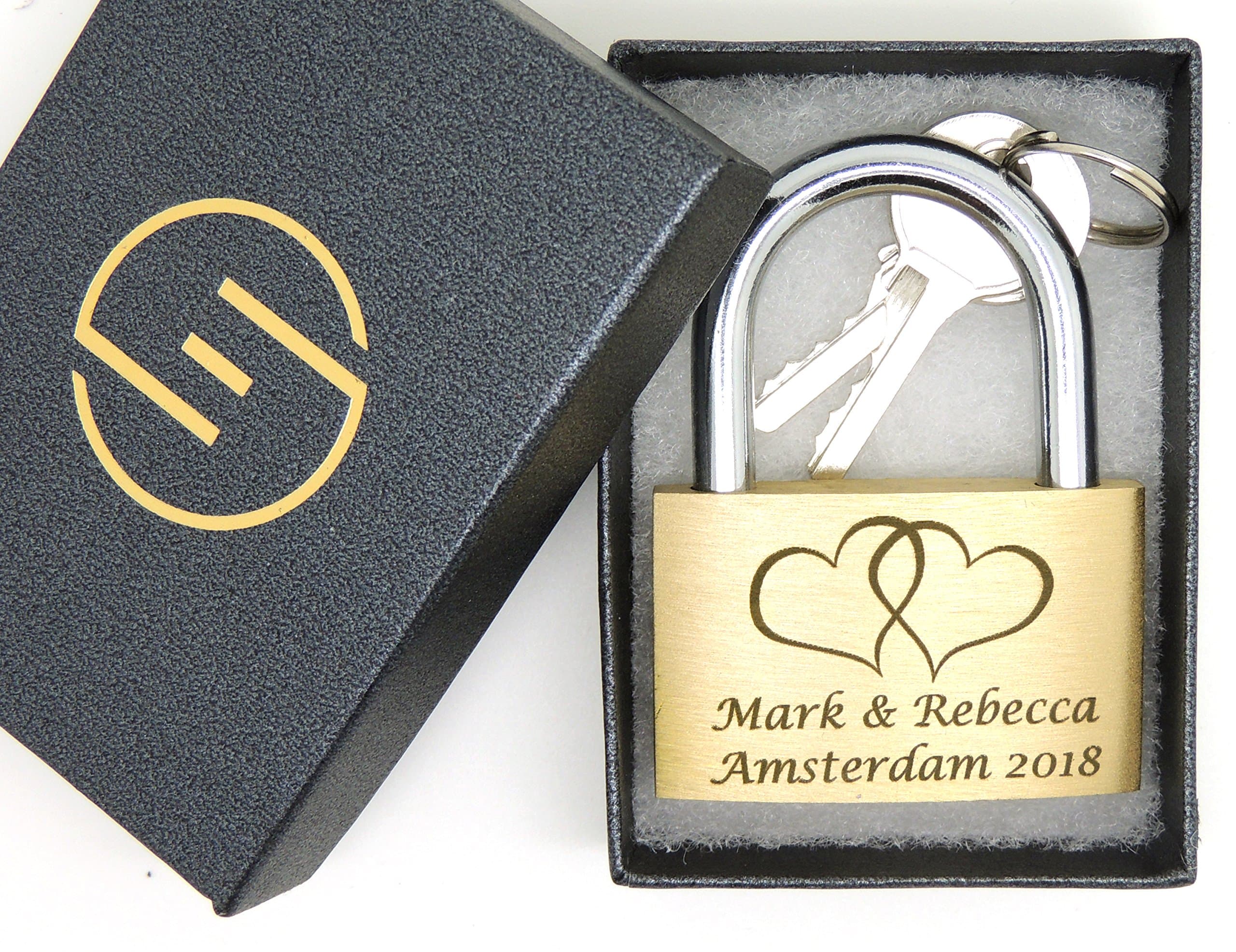Engravables40mm Lock, Personalized Engraved Padlock, Large Linked Hearts image, Gift Box, Bold Text (LLHrt)